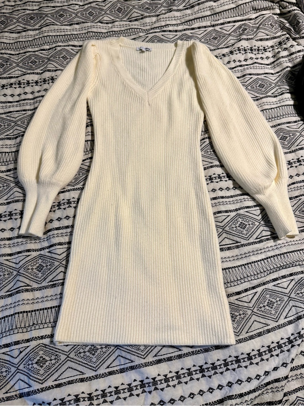Fashion Nova Cream Ribbed Knit V-Neck Sweater Dress